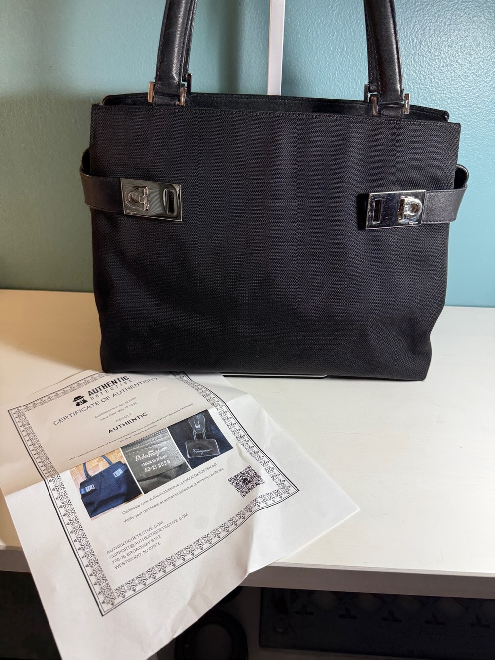 Salvatore Ferragamo Black Canvas & Leather Gancini Shoulder Tote Bag W/COA